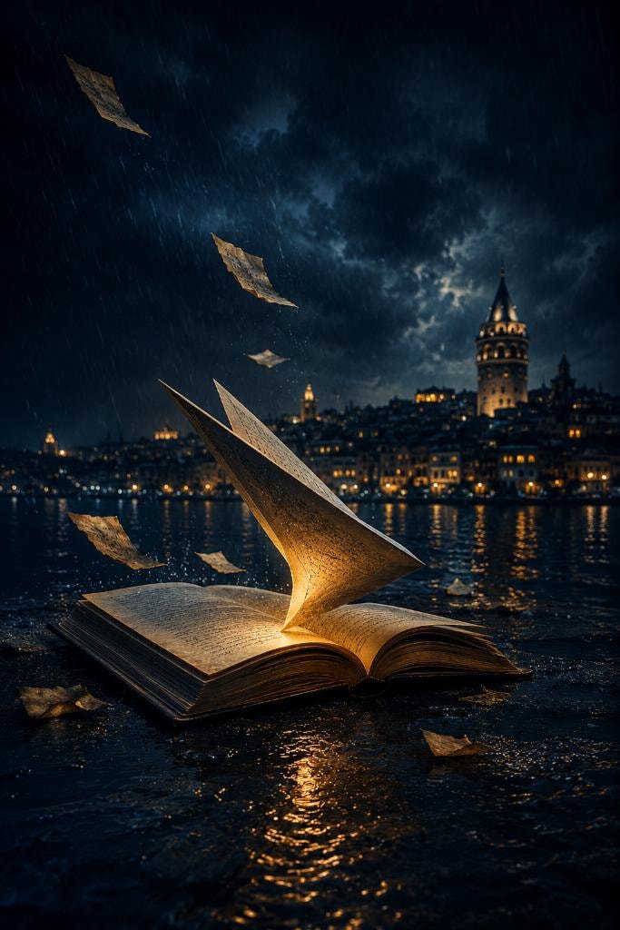 Open glowing book with floating pages against the Istanbul skyline at night in the rain